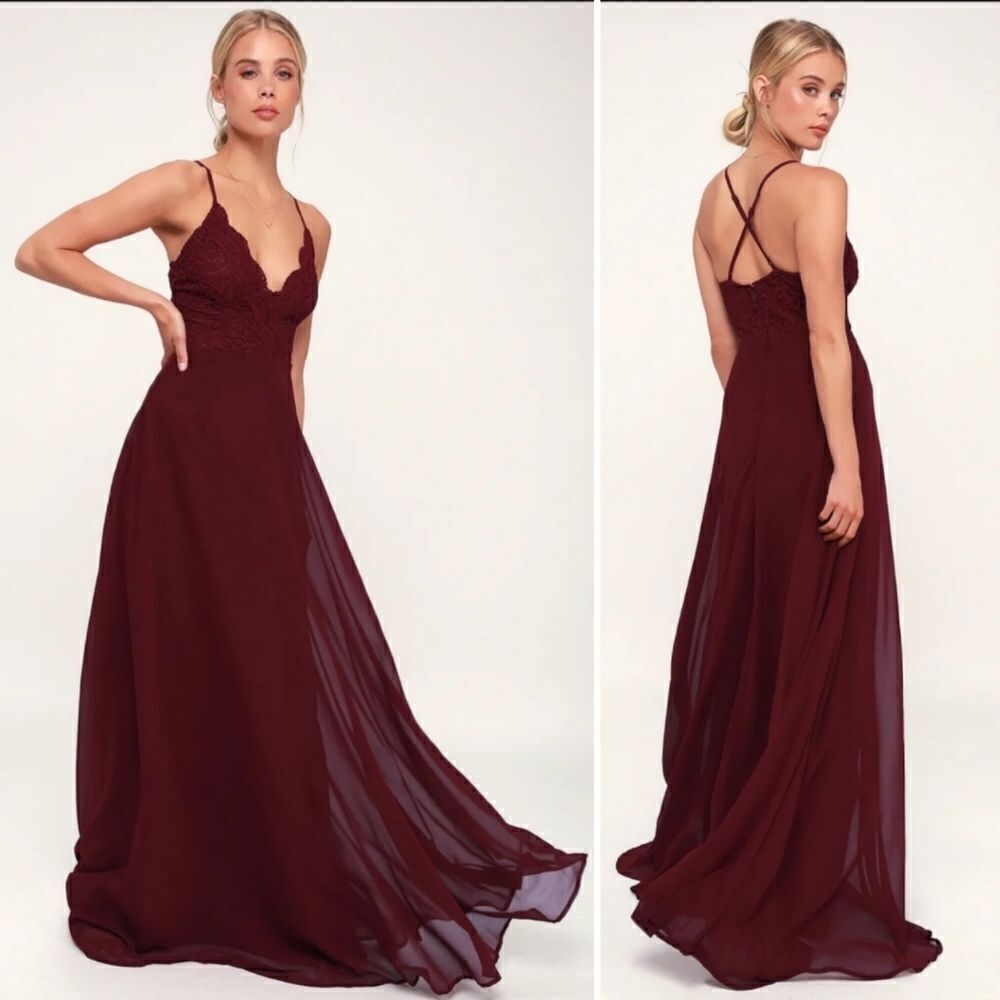 Lulus Madalyn Burgundy Lace and Chiffon Maxi Prom Formal Bridesmaid Gown Dress M